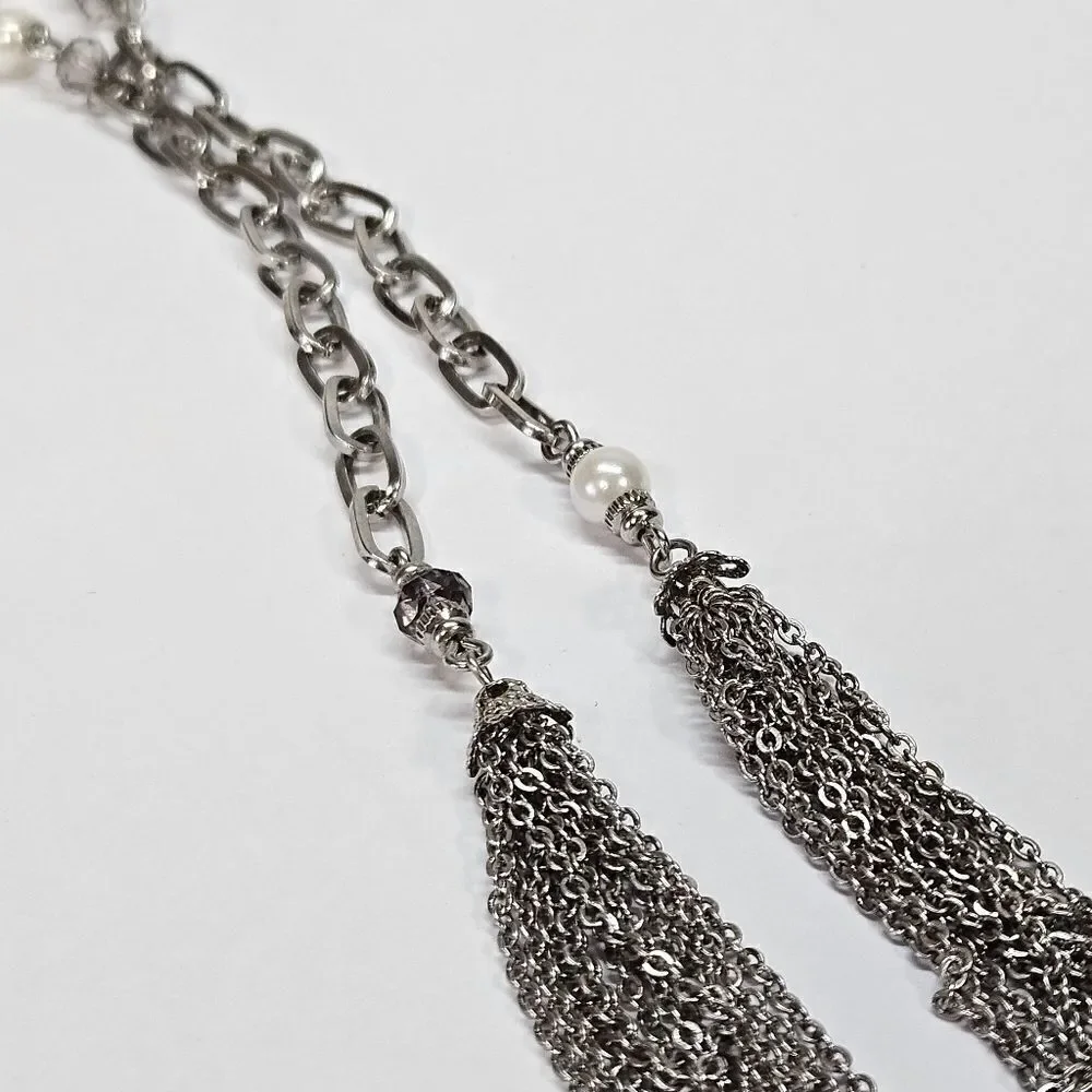 VINTAGE Premier Designs Silver Tone Beaded Tassel Long Chain Necklace